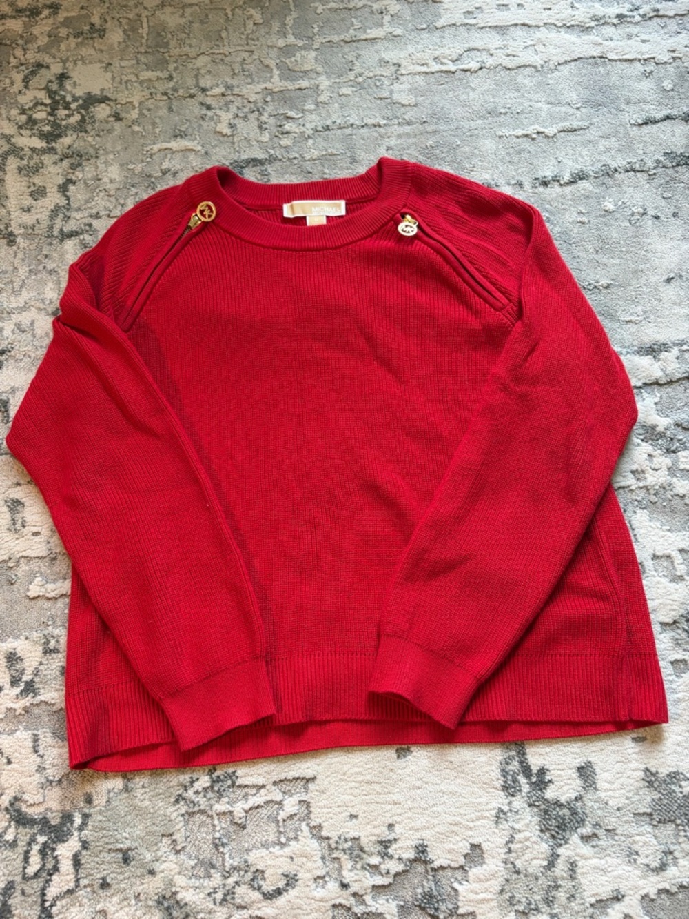 Michael Kors Bright Red Crewneck Sweater with Gold Logo Buttons